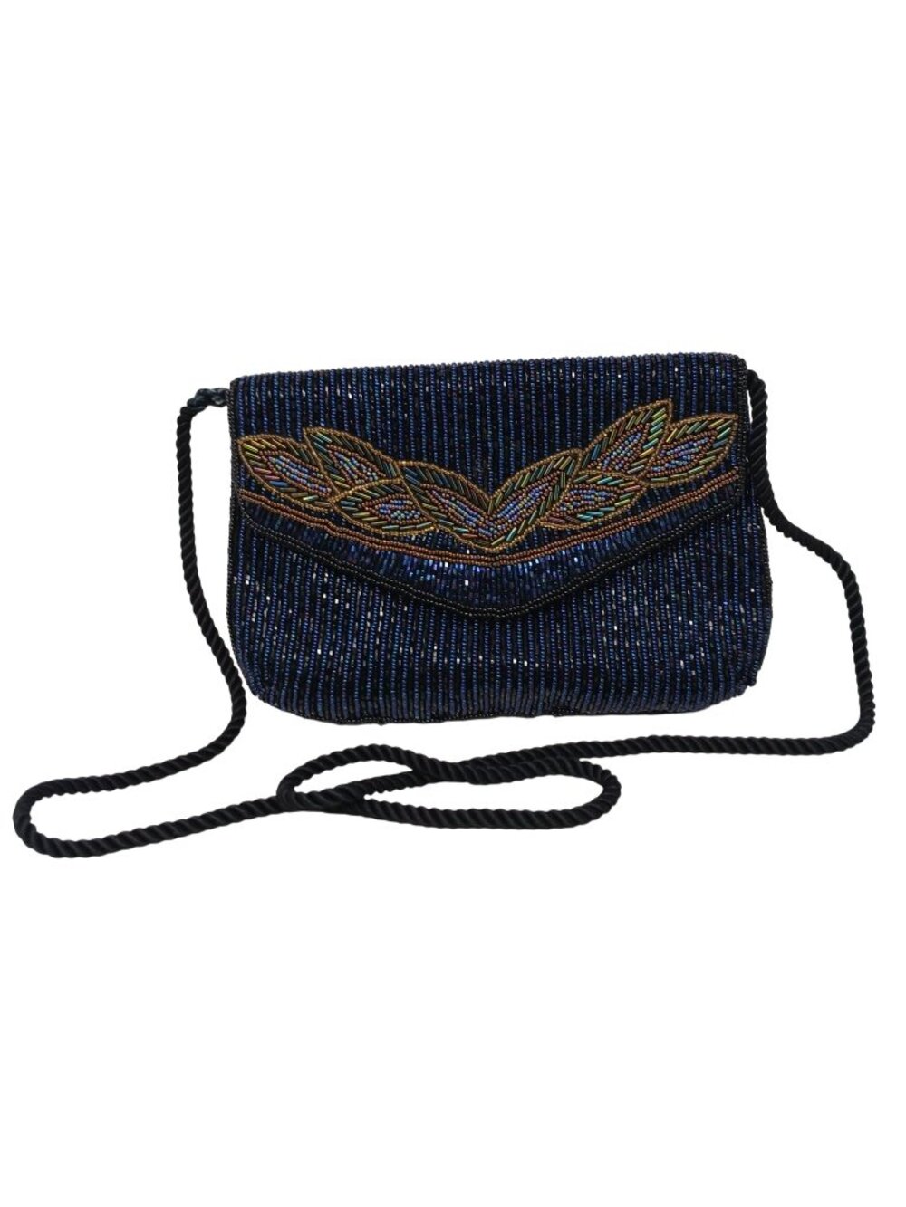 VTG Beaded Evening Clutch Leaf Design Long Strap Blue Gold Black Handmade. #I-5